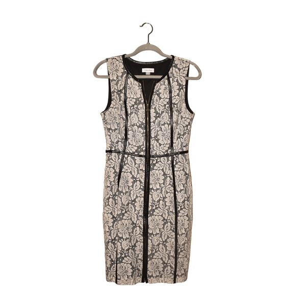 CALVIN‎ KLEIN $149 White Black Floral Lace Sheath Dress Faux Leather Trim Size 6 - Picture 1 of 4